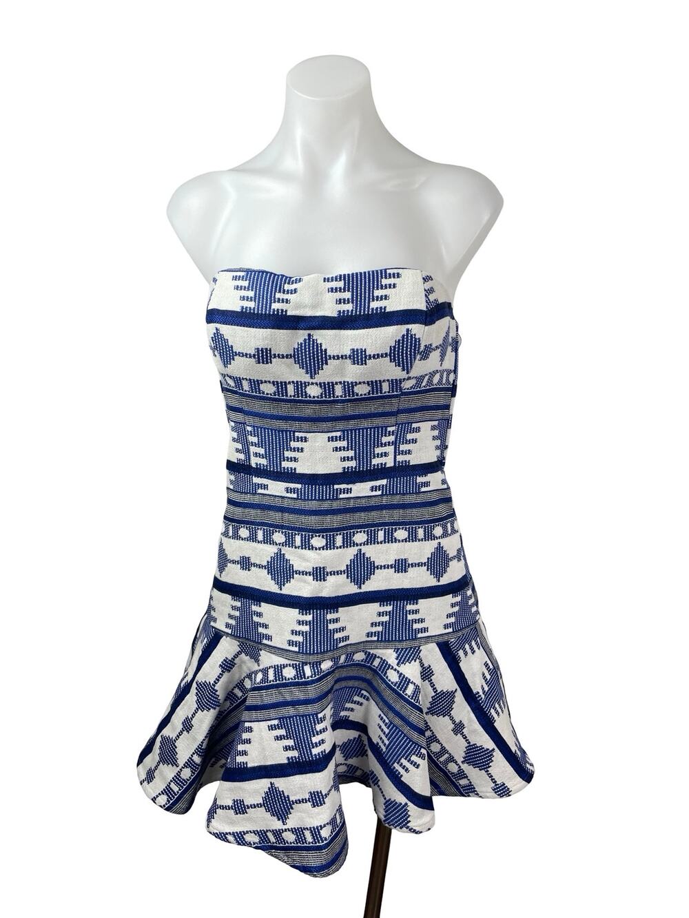 Line and Dot Blue White Aztec Tribal Strapless Sweetheart A Line Mini Dress Sz S